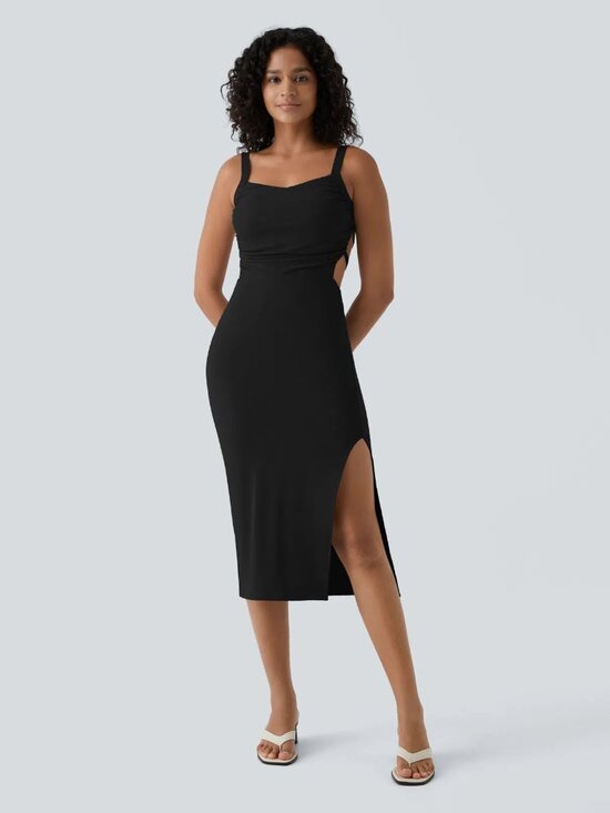 HALARA Dresses & Skirts - ☀️ Halara Ruched Lace Up Backless Split Bodycon Midi Dress M
